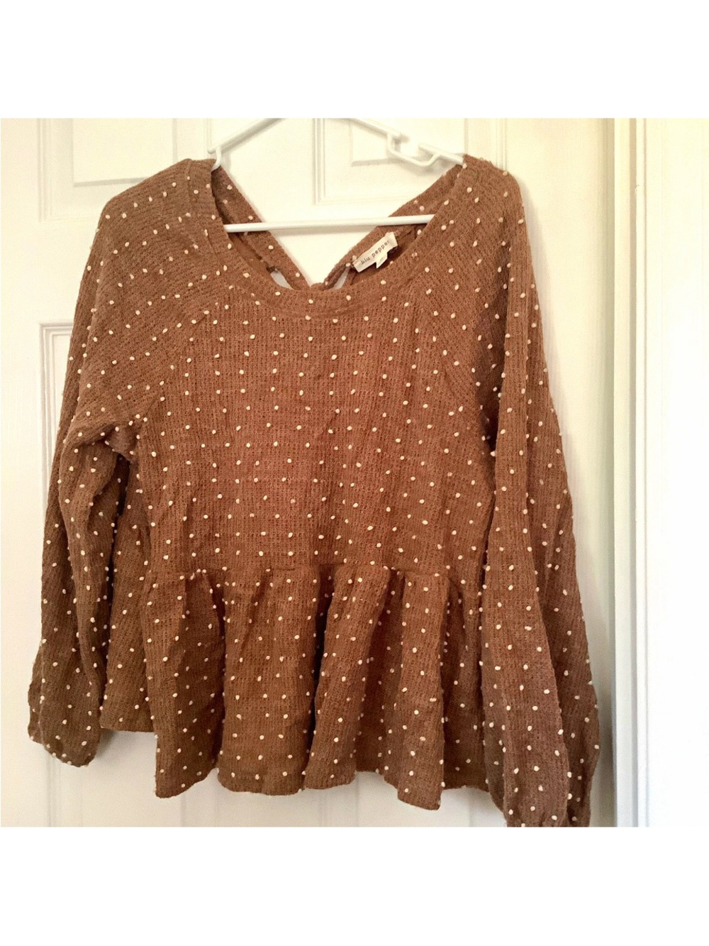 Blu Pepper Brown Peplum Dot Detail Knit Top